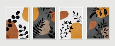 Botanik duvar sanat vektörü ayarlandı. Asgari ve doğal duvar sanatı. Soyut şekilli boho yaprak çizimi. Baskı, duvar kağıdı ve kapak için soyut Bitki Sanatı tasarımı. Modern vektör illüstrasyonu.