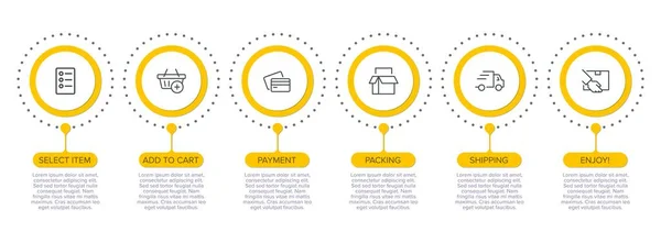 Concepto de proceso de compra con 6 pasos sucesivos. Seis coloridos elementos gráficos. Diseño de línea de tiempo para folleto, presentación, sitio web. Diseño infográfico. — Archivo Imágenes Vectoriales