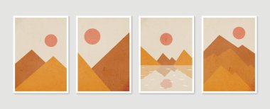 Dağ duvarı sanat seti. Toprak taşıyıcı tonlar, Ay ve güneş ile belirlenmiş manzaralar. Duvar çerçeveli baskılar için soyut sanat tasarımı, poster, kapak, ev dekorasyonu, tuval baskıları, duvar kağıdı.