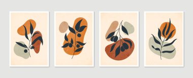 Botanik duvar sanat vektörü ayarlandı. Asgari ve doğal duvar sanatı. Soyut şekilli boho yaprak çizimi. Baskı, duvar kağıdı ve kapak için soyut Bitki Sanatı tasarımı. Modern vektör illüstrasyonu.