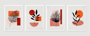 Botanik duvar sanat vektörü ayarlandı. Asgari ve doğal duvar sanatı. Soyut şekilli boho yaprak çizimi. Baskı, duvar kağıdı ve kapak için soyut Bitki Sanatı tasarımı. Modern vektör illüstrasyonu.