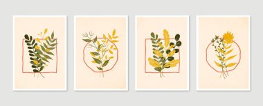 Botanik duvar sanat vektörü ayarlandı. Asgari ve doğal duvar sanatı. Soyut şekilli boho yaprak çizimi. Baskı, duvar kağıdı ve kapak için soyut Bitki Sanatı tasarımı. Modern vektör illüstrasyonu.
