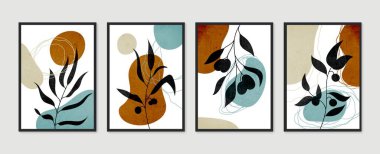 Botanik duvar sanat vektörü ayarlandı. Asgari ve doğal duvar sanatı. Soyut şekilli boho yaprak çizimi. Baskı, duvar kağıdı ve kapak için soyut Bitki Sanatı tasarımı. Modern vektör illüstrasyonu.