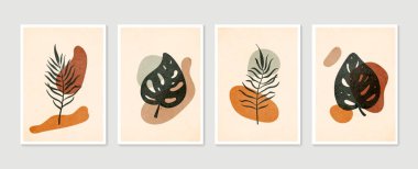 Botanik duvar sanat vektörü ayarlandı. Asgari ve doğal duvar sanatı. Soyut şekilli boho yaprak çizimi. Baskı, duvar kağıdı ve kapak için soyut Bitki Sanatı tasarımı. Modern vektör illüstrasyonu.