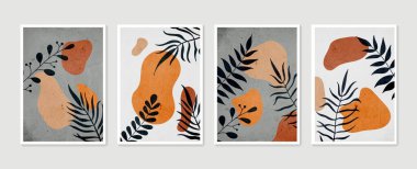 Botanik duvar sanat vektörü ayarlandı. Asgari ve doğal duvar sanatı. Soyut şekilli boho yaprak çizimi. Baskı, duvar kağıdı ve kapak için soyut Bitki Sanatı tasarımı. Modern vektör illüstrasyonu.
