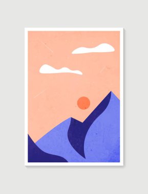 Dağ duvarı sanatı. Toprak taşıyıcı tonlar, Ay ve güneş ile belirlenmiş manzaralar. Duvar çerçeveli baskılar için soyut sanat tasarımı, poster, kapak, ev dekorasyonu, tuval baskıları, duvar kağıdı.