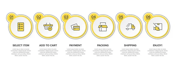 Altı adımlı alışveriş süreci kavramı. Altı renkli grafik elementi. Broşür, sunum ve web sitesi için zaman çizelgesi tasarımı. Infographic tasarım düzeni. — Stok Vektör