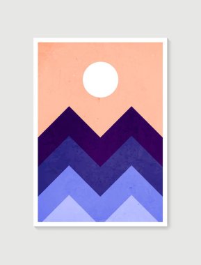 Dağ duvarı sanatı. Toprak taşıyıcı tonlar, Ay ve güneş ile belirlenmiş manzaralar. Duvar çerçeveli baskılar için soyut sanat tasarımı, poster, kapak, ev dekorasyonu, tuval baskıları, duvar kağıdı.