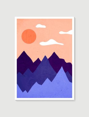 Dağ duvarı sanatı. Toprak taşıyıcı tonlar, Ay ve güneş ile belirlenmiş manzaralar. Duvar çerçeveli baskılar için soyut sanat tasarımı, poster, kapak, ev dekorasyonu, tuval baskıları, duvar kağıdı.