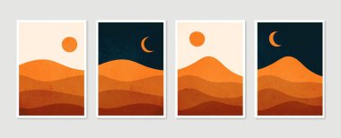 Dağ duvarı sanat seti. Toprak taşıyıcı tonlar, Ay ve güneş ile belirlenmiş manzaralar. Duvar çerçeveli baskılar için soyut sanat tasarımı, poster, kapak, ev dekorasyonu, tuval baskıları, duvar kağıdı.