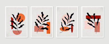 Botanik duvar sanat vektörü ayarlandı. Asgari ve doğal duvar sanatı. Soyut şekilli boho yaprak çizimi. Baskı, duvar kağıdı ve kapak için soyut Bitki Sanatı tasarımı. Modern vektör illüstrasyonu.