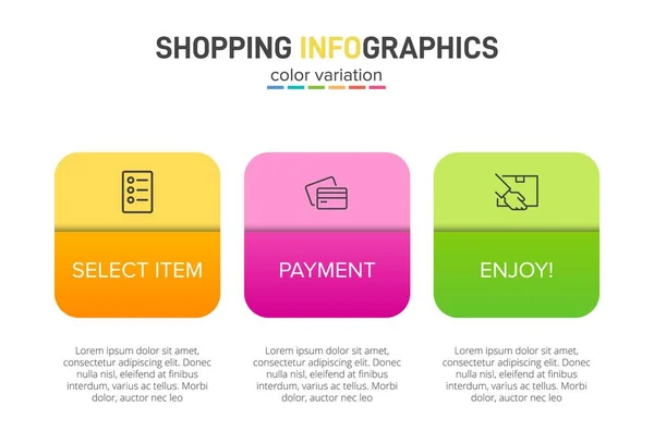 Concept de processus d'achat en 3 étapes successives. Trois éléments graphiques colorés. Conception du calendrier pour la brochure, la présentation, le site Web. Mise en page infographique. — Image vectorielle