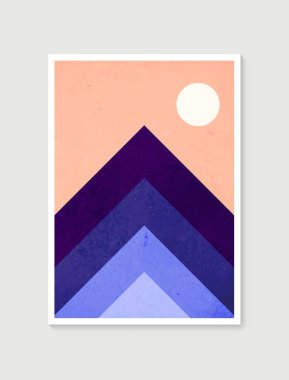 Dağ duvarı sanatı. Toprak taşıyıcı tonlar, Ay ve güneş ile belirlenmiş manzaralar. Duvar çerçeveli baskılar için soyut sanat tasarımı, poster, kapak, ev dekorasyonu, tuval baskıları, duvar kağıdı.