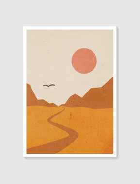 Dağ duvarı sanatı. Toprak taşıyıcı tonlar, manzara arka planlarını ay ve güneş ile donatır. Duvar çerçeveli baskılar için soyut sanat tasarımı, poster, kapak, ev dekorasyonu, tuval baskıları, duvar kağıdı.