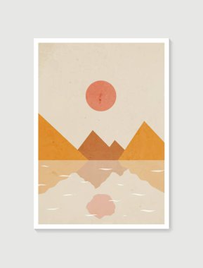 Dağ duvarı sanatı. Toprak taşıyıcı tonlar, manzara arka planlarını ay ve güneş ile donatır. Duvar çerçeveli baskılar için soyut sanat tasarımı, poster, kapak, ev dekorasyonu, tuval baskıları, duvar kağıdı.