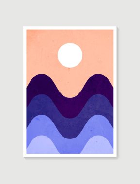 Dağ duvarı sanatı. Toprak taşıyıcı tonlar, Ay ve güneş ile belirlenmiş manzaralar. Duvar çerçeveli baskılar için soyut sanat tasarımı, poster, kapak, ev dekorasyonu, tuval baskıları, duvar kağıdı.