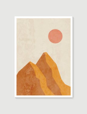 Dağ duvarı sanatı. Toprak taşıyıcı tonlar, Ay ve güneş ile belirlenmiş manzaralar. Duvar çerçeveli baskılar için soyut sanat tasarımı, poster, kapak, ev dekorasyonu, tuval baskıları, duvar kağıdı.