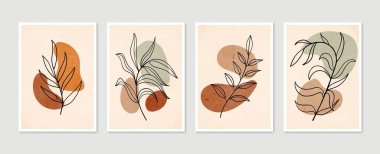 Botanik duvar sanat vektörü ayarlandı. Asgari ve doğal duvar sanatı. Soyut şekilli boho yaprak çizimi. Baskı, duvar kağıdı ve kapak için soyut Bitki Sanatı tasarımı. Modern vektör illüstrasyonu.