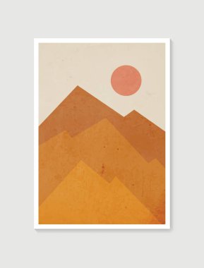 Dağ duvarı sanatı. Toprak taşıyıcı tonlar, manzara arka planlarını ay ve güneş ile donatır. Duvar çerçeveli baskılar için soyut sanat tasarımı, poster, kapak, ev dekorasyonu, tuval baskıları, duvar kağıdı.