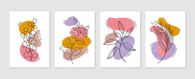 Botanik duvar sanat vektörü ayarlandı. Asgari ve doğal duvar sanatı. Soyut şekilli boho yaprak çizimi. Baskı, duvar kağıdı ve kapak için soyut Bitki Sanatı tasarımı. Modern vektör illüstrasyonu.