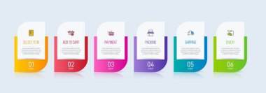 Altı adımlı alışveriş süreci kavramı. Altı renkli grafik elementi. Broşür, sunum ve web sitesi için zaman çizelgesi tasarımı. Infographic tasarım düzeni.