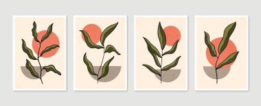 Botanik duvar sanat vektörü ayarlandı. Asgari ve doğal duvar sanatı. Soyut şekilli boho yaprak çizimi. Baskı, duvar kağıdı ve kapak için soyut Bitki Sanatı tasarımı. Modern vektör illüstrasyonu.