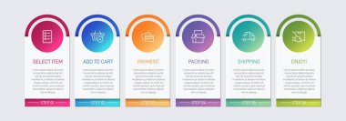 Altı adımlı alışveriş süreci kavramı. Altı renkli grafik elementi. Broşür, sunum ve web sitesi için zaman çizelgesi tasarımı. Infographic tasarım düzeni.