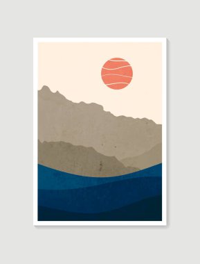 Modern minimalist sanat baskısı. Soyut dağ, çağdaş estetik arka planlar, manzara. Duvar çerçeveli baskılar için sanat tasarımı, poster, kapak, ev dekorasyonu, tuval baskıları, duvar kağıdı.