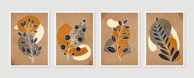 Botanik duvar sanat vektörü ayarlandı. Asgari ve doğal duvar sanatı. Soyut şekilli boho yaprak çizimi. Baskı, duvar kağıdı ve kapak için soyut Bitki Sanatı tasarımı. Modern vektör illüstrasyonu.