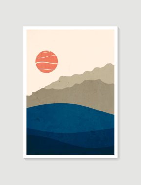 Modern minimalist sanat baskısı. Soyut dağ, çağdaş estetik arka planlar, manzara. Duvar çerçeveli baskılar için sanat tasarımı, poster, kapak, ev dekorasyonu, tuval baskıları, duvar kağıdı.