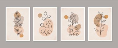 Botanik duvar sanat vektörü ayarlandı. Asgari ve doğal duvar sanatı. Soyut şekilli boho yaprak çizimi. Baskı, duvar kağıdı ve kapak için soyut Bitki Sanatı tasarımı. Modern vektör illüstrasyonu.