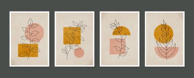 Botanik duvar sanatı seti. Asgari ve doğal duvar sanatı. Soyut şekilli boho yaprak çizimi. Baskı, duvar kağıdı ve kapak için soyut Bitki Sanatı tasarımı. Modern resimleme.