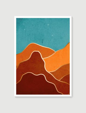 Modern minimalist sanat baskısı. Soyut dağ, çağdaş estetik arka planlar, manzara. Duvar çerçeveli baskılar için sanat tasarımı, poster, kapak, ev dekorasyonu, tuval baskıları, duvar kağıdı.