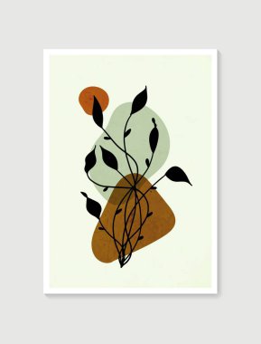 Botanik duvar sanat vektörü. Asgari ve doğal duvar sanatı. Soyut şekilli boho yaprak çizimi. Baskı, duvar kağıdı ve kapak için soyut Bitki Sanatı tasarımı. Modern vektör illüstrasyonu.