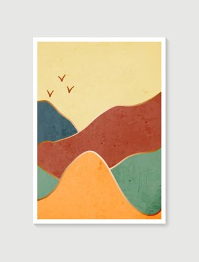 Modern minimalist sanat baskısı. Soyut dağ, çağdaş estetik arka planlar, manzara. Duvar çerçeveli baskılar için sanat tasarımı, poster, kapak, ev dekorasyonu, tuval baskıları, duvar kağıdı.