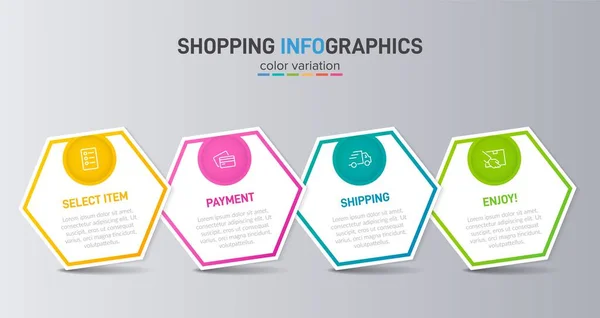 Begreppet shopping process med 4 på varandra följande steg. Fyra färgstarka grafiska element. Tidslinje design för broschyr, presentation, hemsida. Infografisk utformning. — Stock vektor