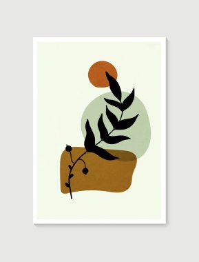 Botanik duvar sanat vektörü. Asgari ve doğal duvar sanatı. Soyut şekilli boho yaprak çizimi. Baskı, duvar kağıdı ve kapak için soyut Bitki Sanatı tasarımı. Modern vektör illüstrasyonu.