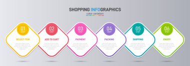 Altı adımlı alışveriş süreci kavramı. Altı renkli grafik elementi. Broşür, sunum ve web sitesi için zaman çizelgesi tasarımı. Infographic tasarım düzeni.