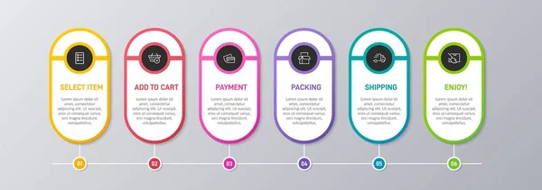 Concepto de proceso de compra con 6 pasos sucesivos. Seis coloridos elementos gráficos. Diseño de línea de tiempo para folleto, presentación, sitio web. Diseño infográfico. — Vector de stock