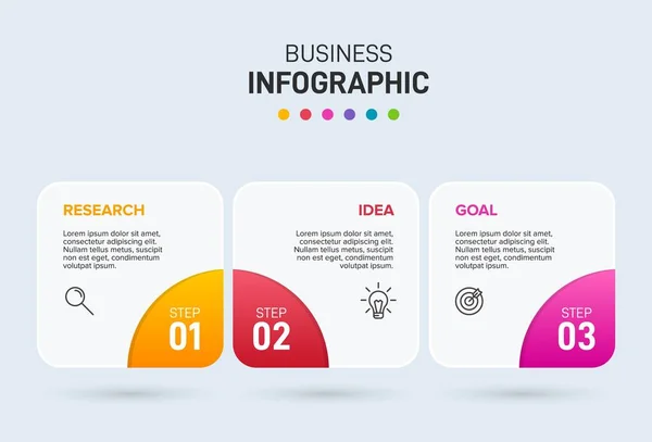 Konzept des Pfeil-Geschäftsmodells mit 3 aufeinander folgenden Schritten. Drei farbenfrohe grafische Elemente. Timeline-Design für Broschüre, Präsentation. Gestaltung der Infografik. — Stockvektor