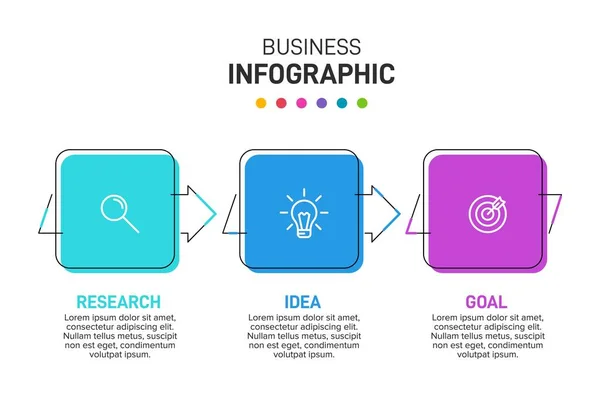 Konzept des Pfeil-Geschäftsmodells mit 3 aufeinander folgenden Schritten. Drei farbenfrohe grafische Elemente. Timeline-Design für Broschüre, Präsentation. Gestaltung der Infografik. — Stockvektor