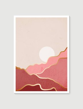 Modern minimalist sanat baskısı. Soyut dağ, çağdaş estetik arka planlar, manzara. Duvar çerçeveli baskılar için sanat tasarımı, poster, kapak, ev dekorasyonu, tuval baskıları, duvar kağıdı.