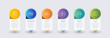 Altı adımlı alışveriş süreci kavramı. Altı renkli grafik elementi. Broşür, sunum ve web sitesi için zaman çizelgesi tasarımı. Infographic tasarım düzeni.