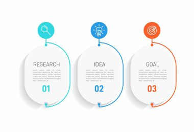 Ardışık üç adımlı ok iş modeli kavramı. Üç renkli grafik öğe. Broşür ve sunum için zaman çizelgesi tasarımı. Infographic tasarım düzeni.