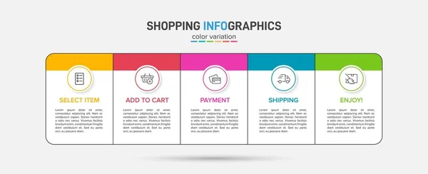 Koncepcja procesu zakupów z 5 kolejnymi krokami. Pięć kolorowych elementów graficznych. Projekt harmonogramu dla broszury, prezentacji, strony internetowej. Układ projektu infograficznego. — Wektor stockowy