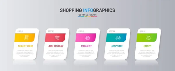 Koncepcja procesu zakupów z 5 kolejnymi krokami. Pięć kolorowych elementów graficznych. Projekt harmonogramu dla broszury, prezentacji, strony internetowej. Układ projektu infograficznego. — Wektor stockowy