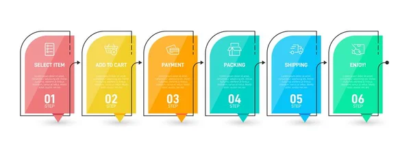 Concept de processus d'achat en 6 étapes successives. Six éléments graphiques colorés. Conception du calendrier pour la brochure, la présentation, le site Web. Mise en page infographique. — Image vectorielle