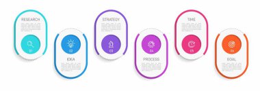 Simgeli ve 5 basamaklı bilgi tasarımı. İnce çizgi vektörü. Bilgi işlem iş konsepti. Bilgi grafikleri, akış grafikleri, sunumlar, web siteleri, afişler, yazılı materyaller için kullanılabilir.