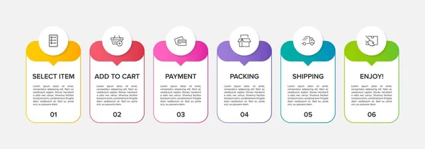 Concepto de proceso de compra con 6 pasos sucesivos. Seis coloridos elementos gráficos. Diseño de línea de tiempo para folleto, presentación, sitio web. Diseño infográfico. — Vector de stock