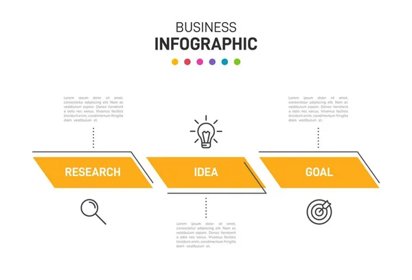 Conceito de modelo de negócio de seta com 3 etapas sucessivas. Três elementos gráficos coloridos. Design de linha do tempo para brochura, apresentação. Layout de design infográfico . — Vetor de Stock